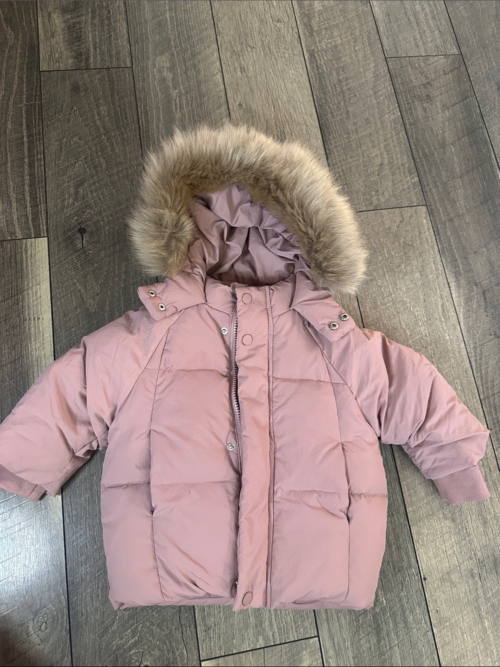 ZARA Girl Dusty Pink Faux-Fur Trim Hooded Puffer Jacket